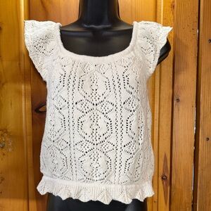 Lucky Brand Cream Crochet Knit Top Womens Small Ruffle Sleeve Boho Cottagecore